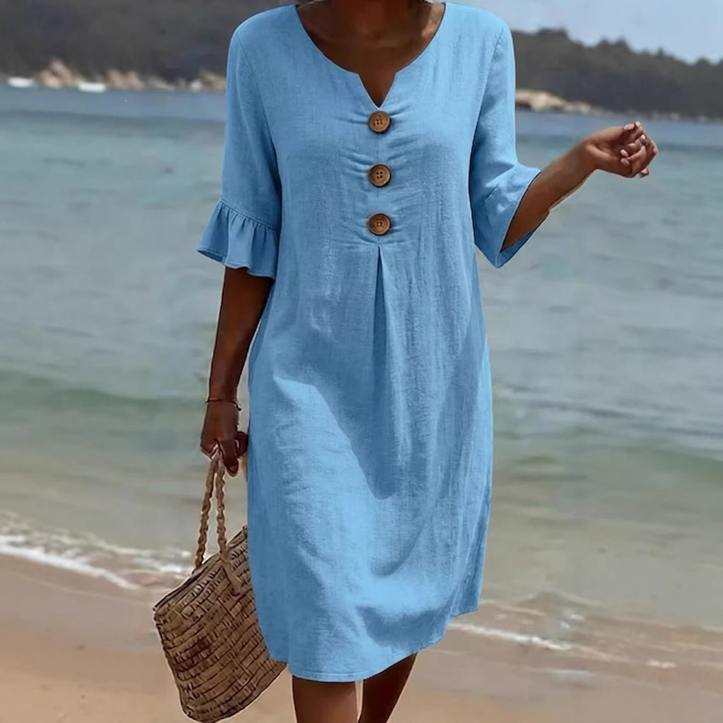 Womens V-Neck Linen Blend Dress