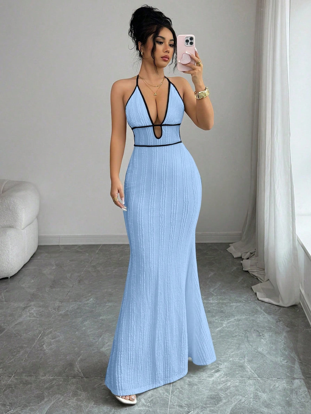 Deep V open-back fitted halter dress
