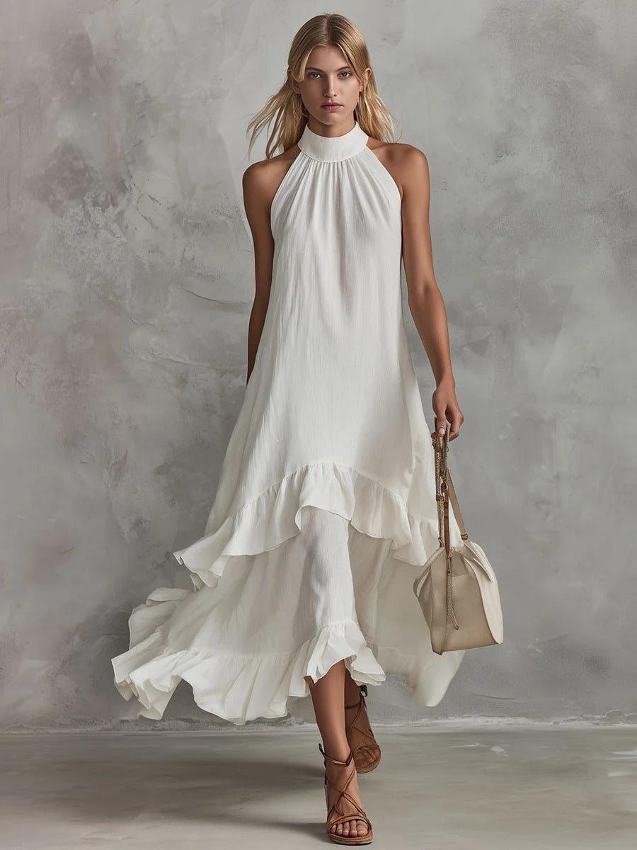Women's Sleeveless Halter Ruffle Hem Mid-Length Summer Dress