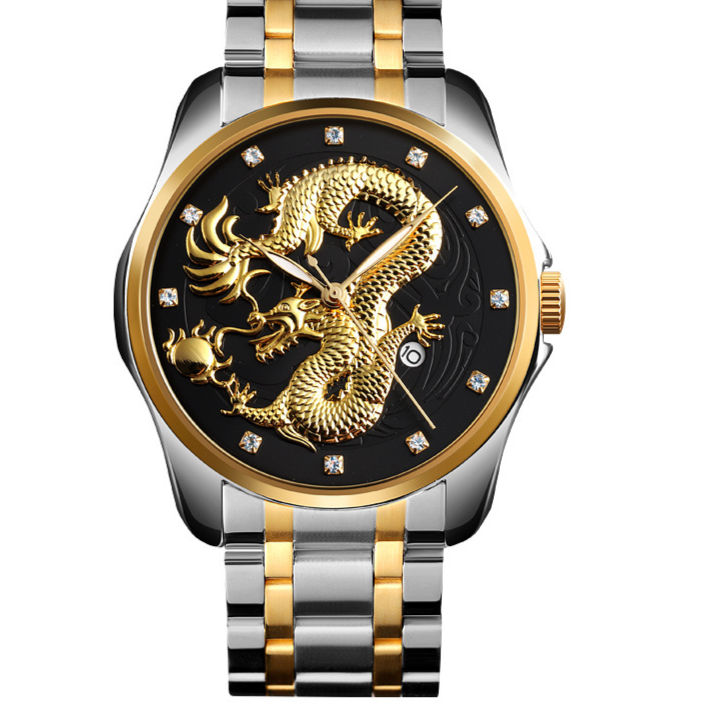 Mens Dragon Embossed Quartz Calendar Watch