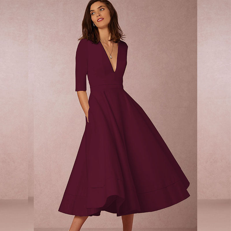 Womens Sexy Deep V Mid Sleeve Solid Color Splicing Swing Dress