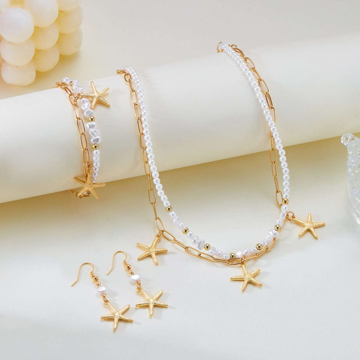 Adjustable Pearl Bracelet and Necklace Set with Coastal Charms