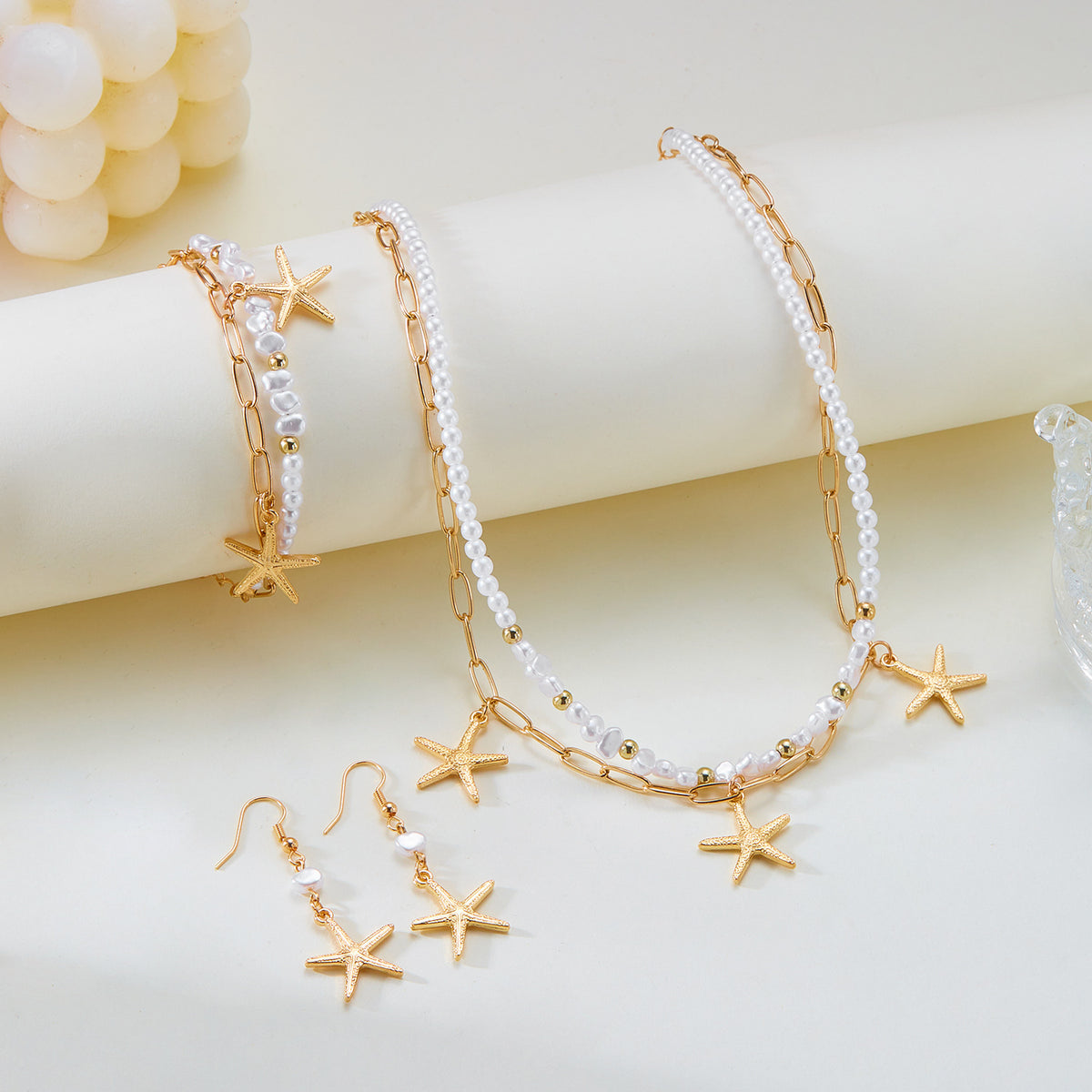 Adjustable Pearl Bracelet and Necklace Set with Coastal Charms