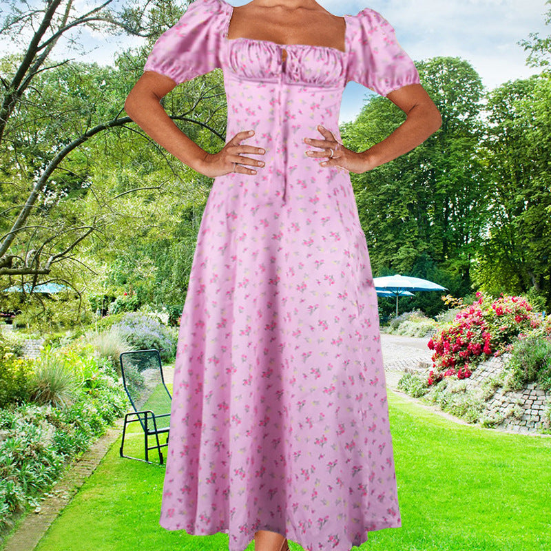 Floral Print Square Neck Slim Dress with Side Slit