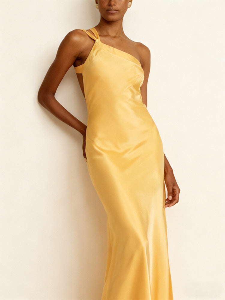 Sleeveless Slope Collar Backless Long Dress