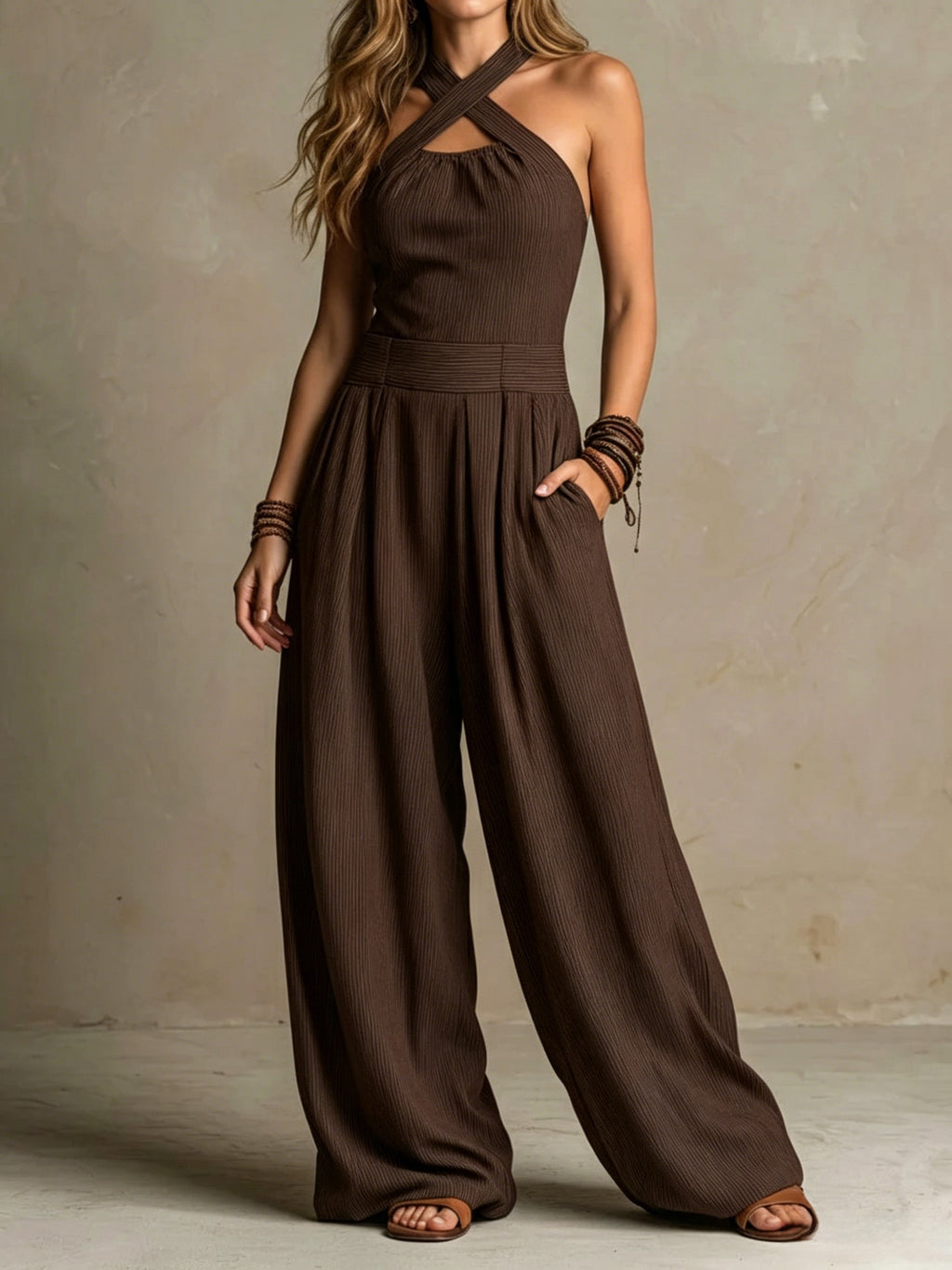 Crossed-necked openwork one-piece pants