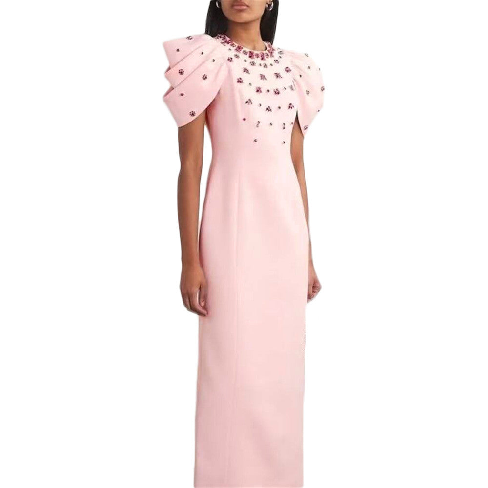 Women's Rhinstone Ruffle Sleeve Bodycon Knitted Long Dress