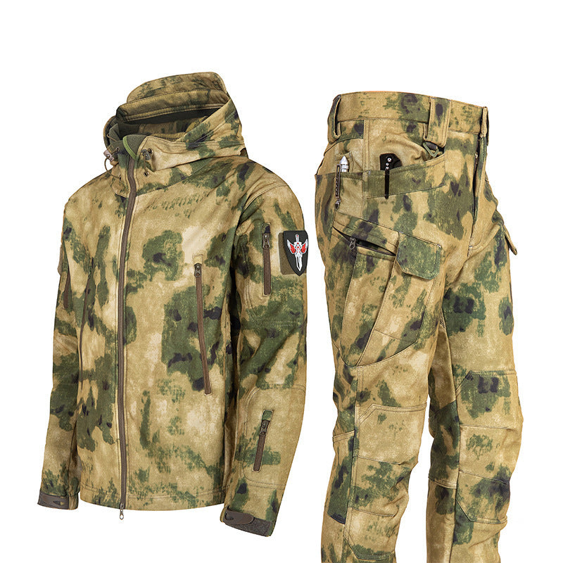 Men's Waterproof Tactical Jacket Set with Fleece Lining Sharkskin Outdoor Hunting Clothing