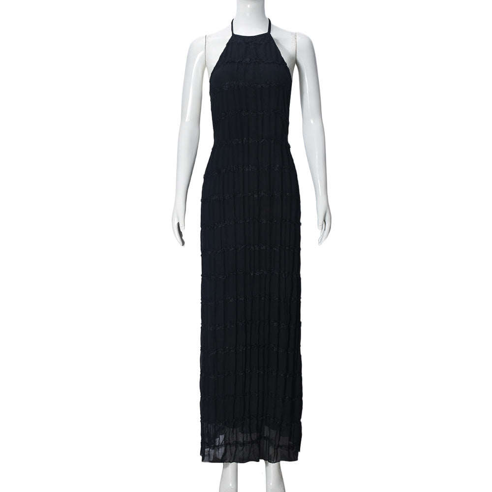 Womens Backless Pleated Long Dress