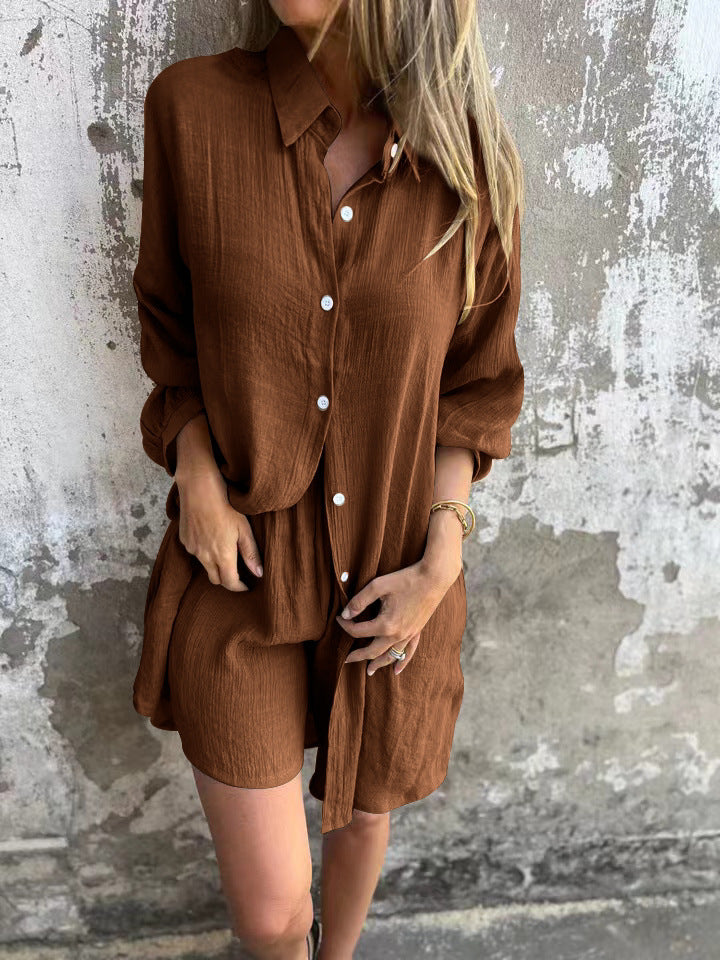 Women's Casual Cotton Linen Shirt and Shorts Set