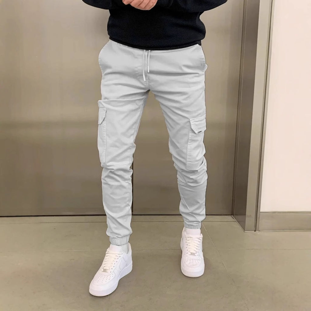 Mens Three-Dimensional Pocket Cargo Pants Elastic Waist Drawstring Loose Fit Casual Trousers