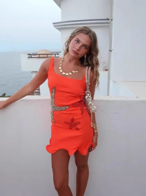 Sleeveless Square Neck Dress with Starfish Pattern