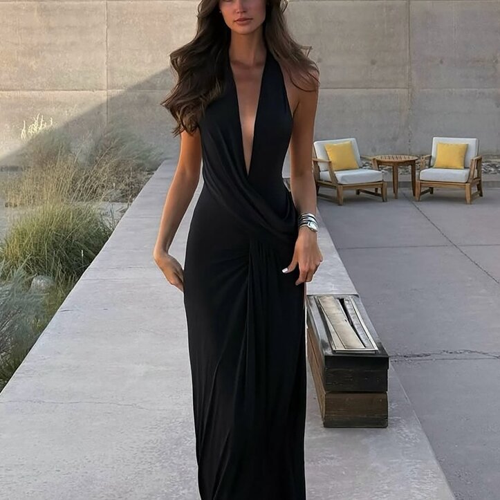 Womens Deep V Halter Backless Slit Dress