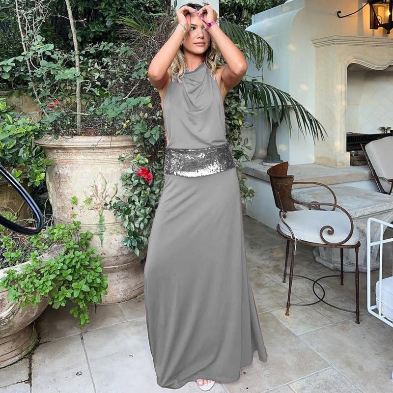 Elegant Halter Neck Backless High Waisted Dress