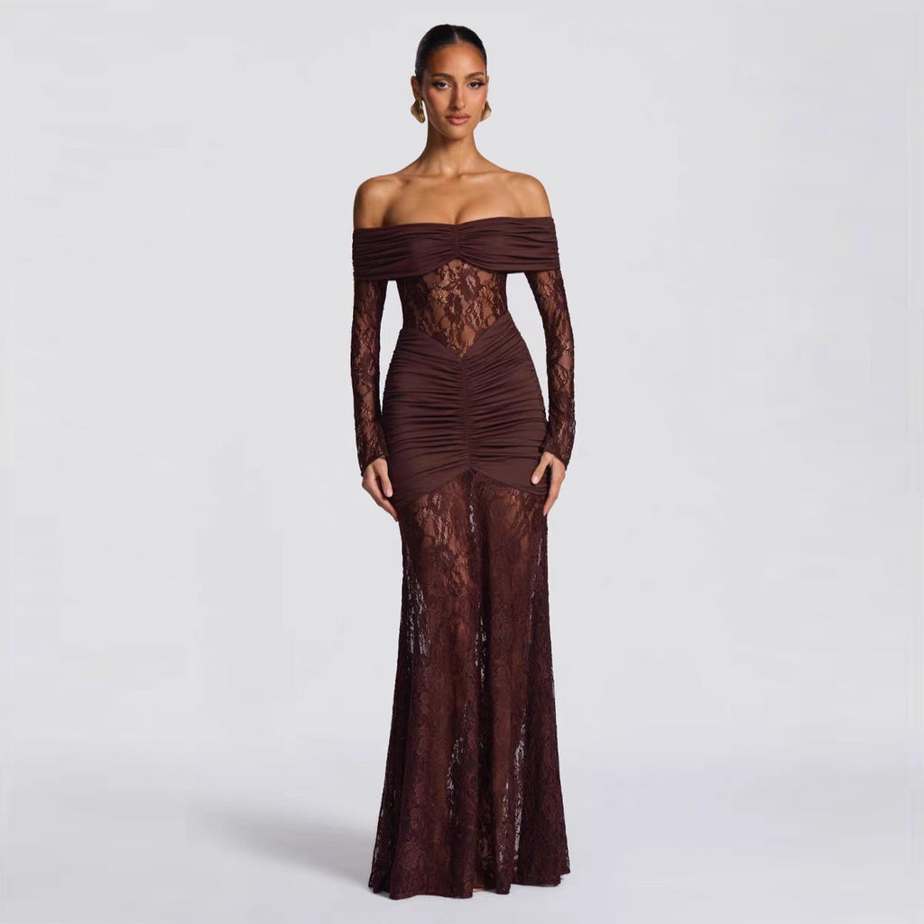 Hollow Lace One-Shoulder Bodycon Evening Dress