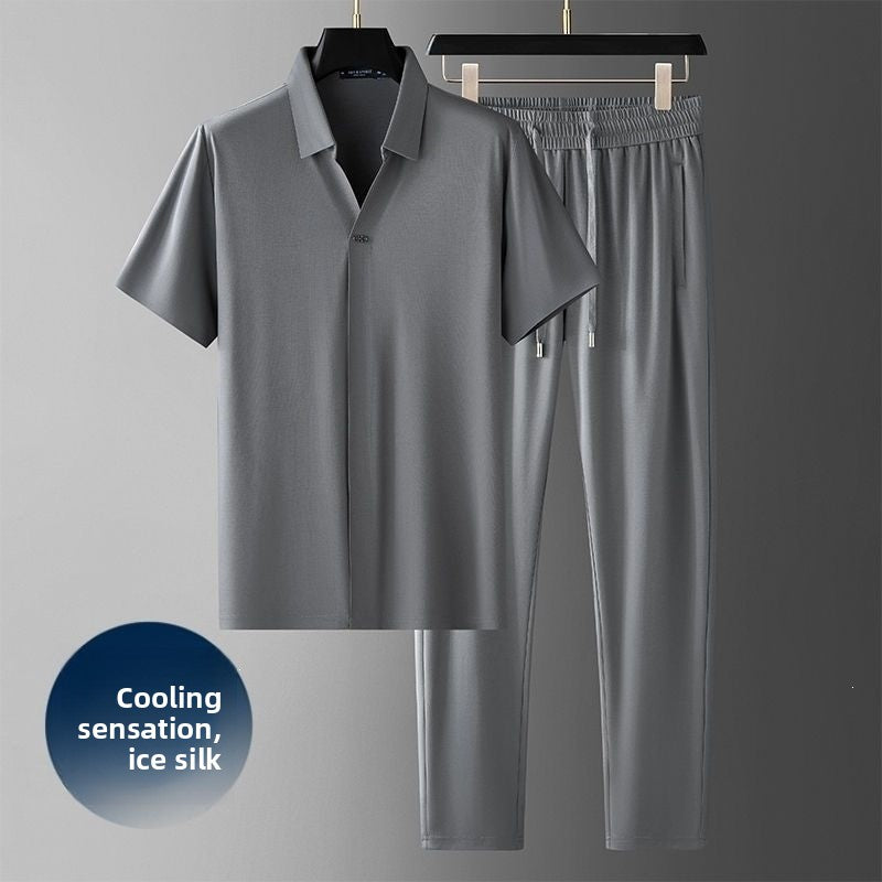 Men's Ice Silk Casual Short Sleeve Top and Pants Set