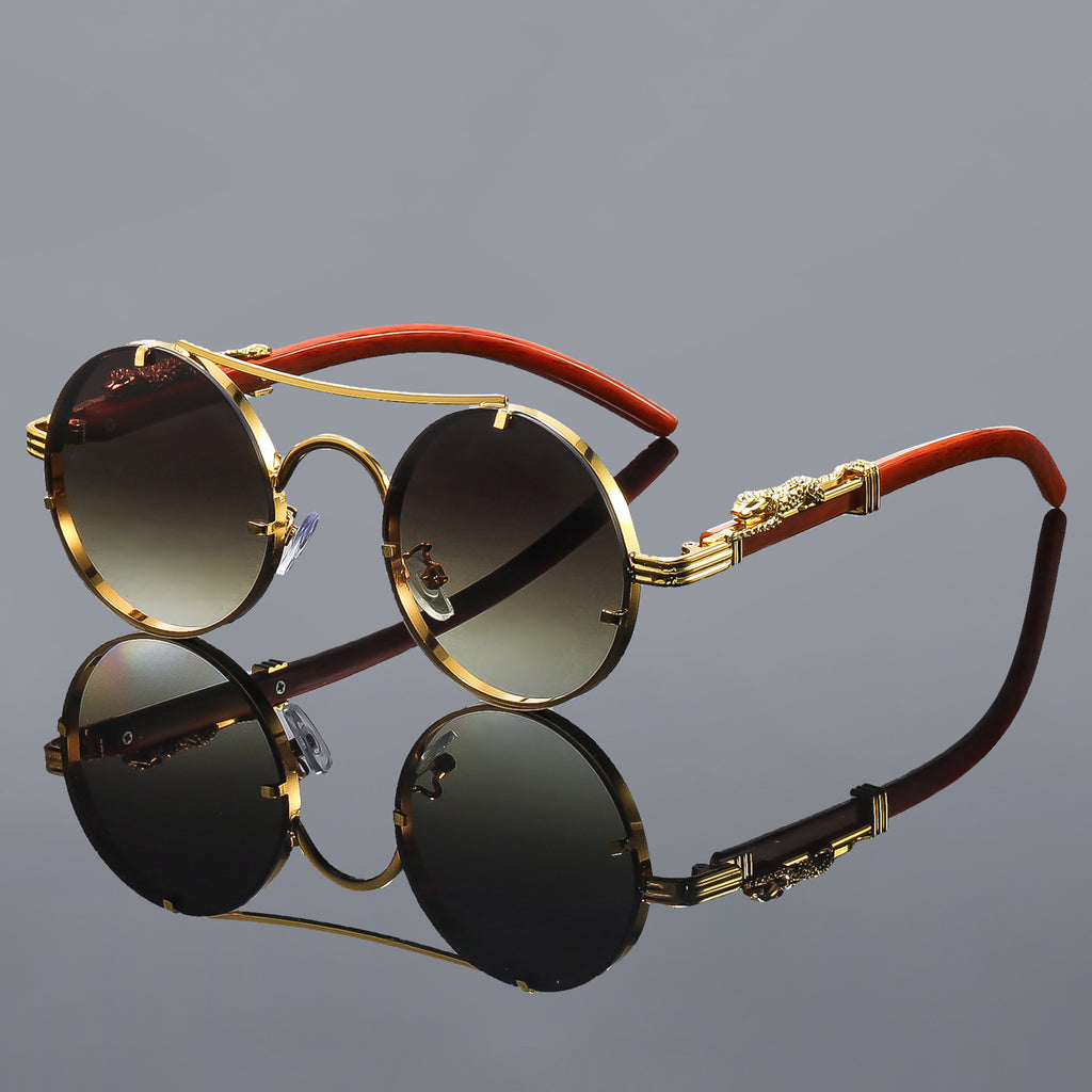 Retro Metal Round Sunglasses with Leopard Head Design