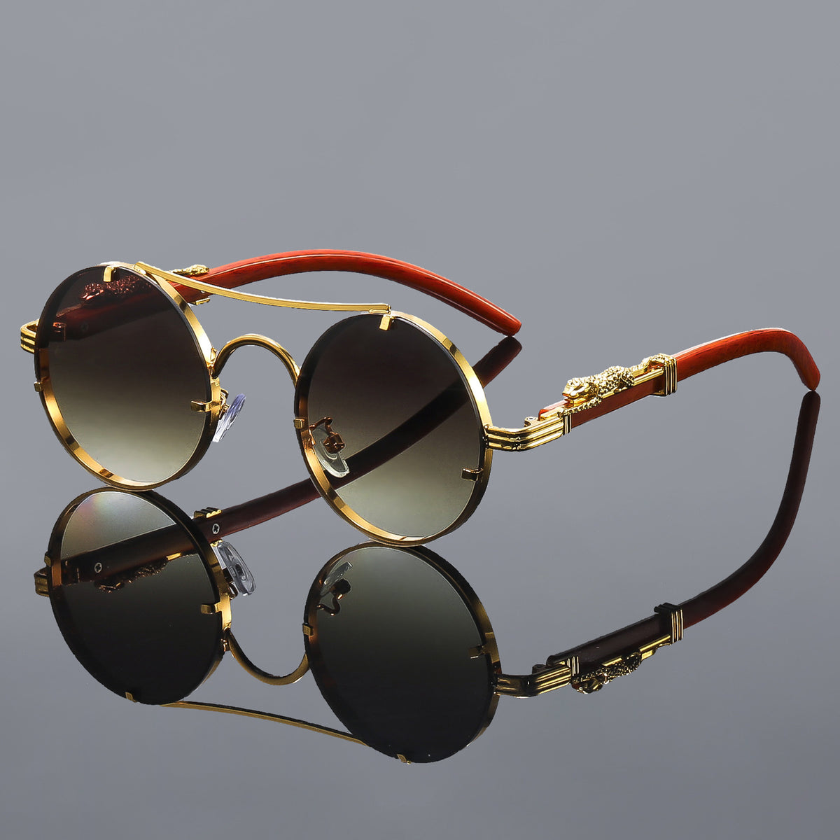 Retro Metal Round Sunglasses with Leopard Head Design