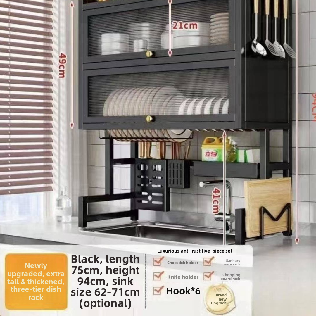 Double Layer Kitchen Sink Rack Dustproof Draining Storage Cabinet