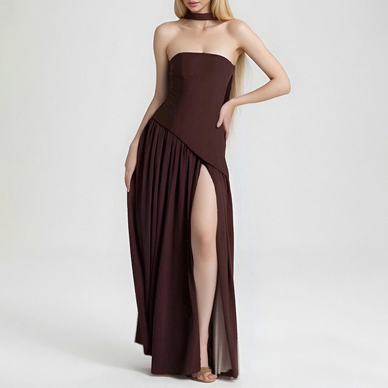 Elegant Slim-Fit Solid Color Waist-Cinching Slit Dress