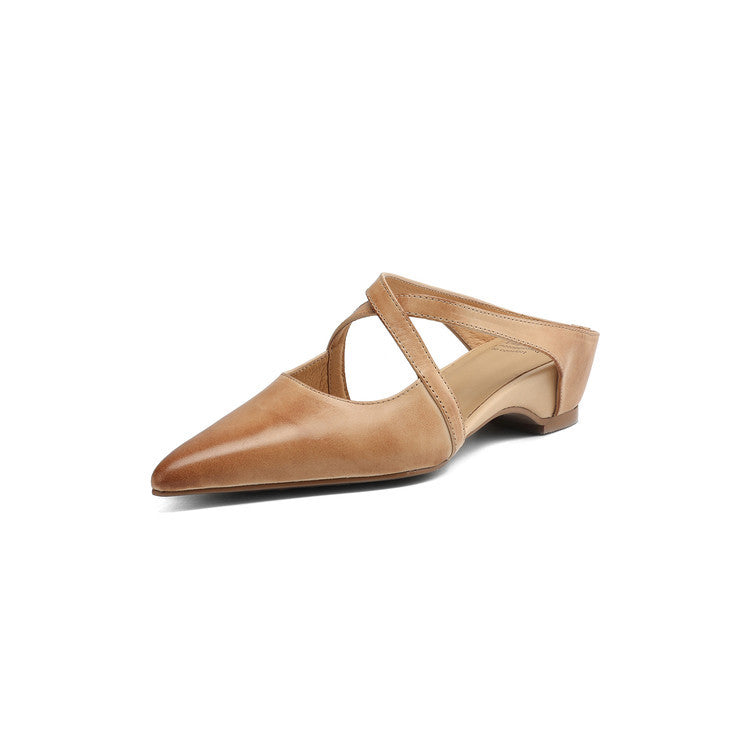 Wasteland Style Retro First-Layer Washed Cowhide Pointed-Toe Mules for Outer Wear and Inner Heightening Cross-Strap Toe-Cap Sandals for Women