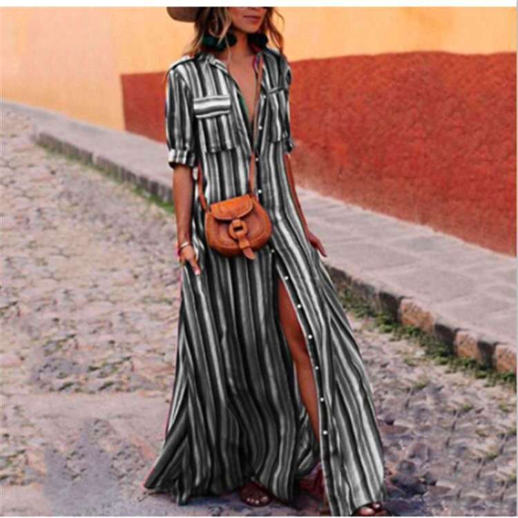 Womens Short Sleeve Stripe Shirt Dress Single Breasted