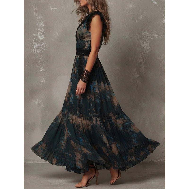 Floral Lace V-Neck Flutter Sleeve Chiffon Dress