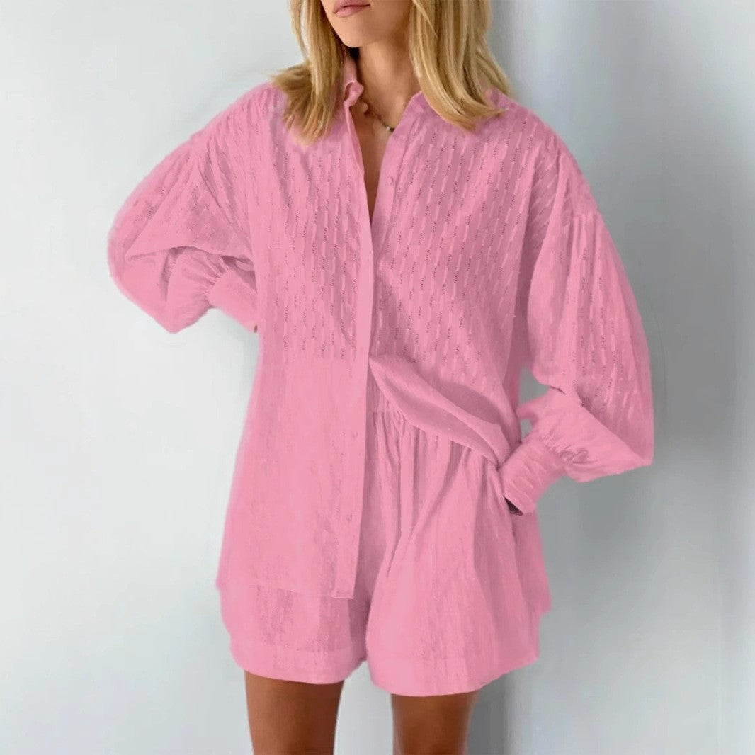 Women's Jacquard Puff Sleeve Shirt and Shorts Two-Piece Set