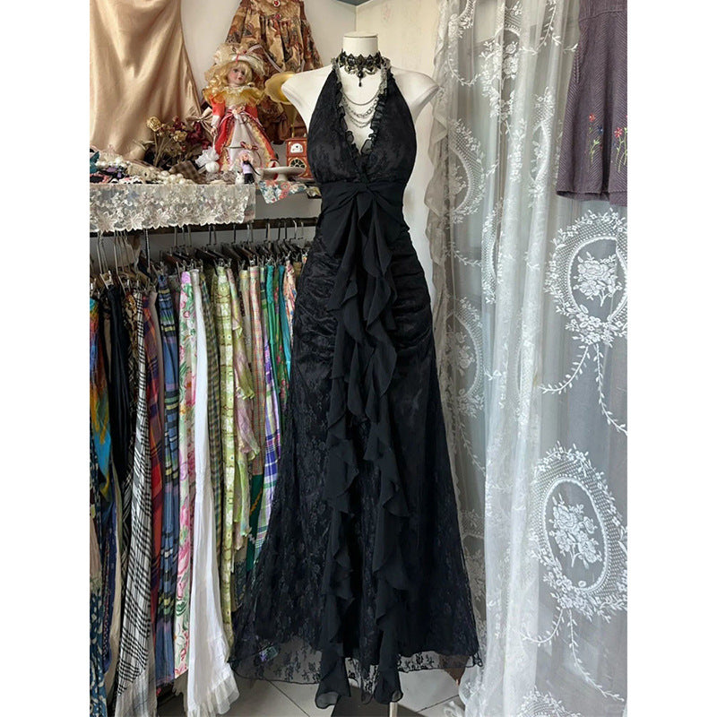 Elegant Black Halter Neck Long Dress
