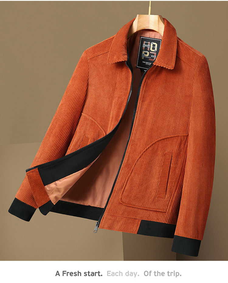 Men's Corduroy Jacket with Turn-Down Collar Oversized Casual Coat