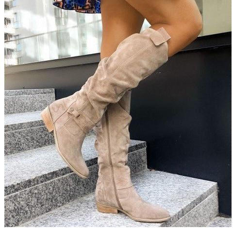 Low Heel Side Zipper Suede Boots