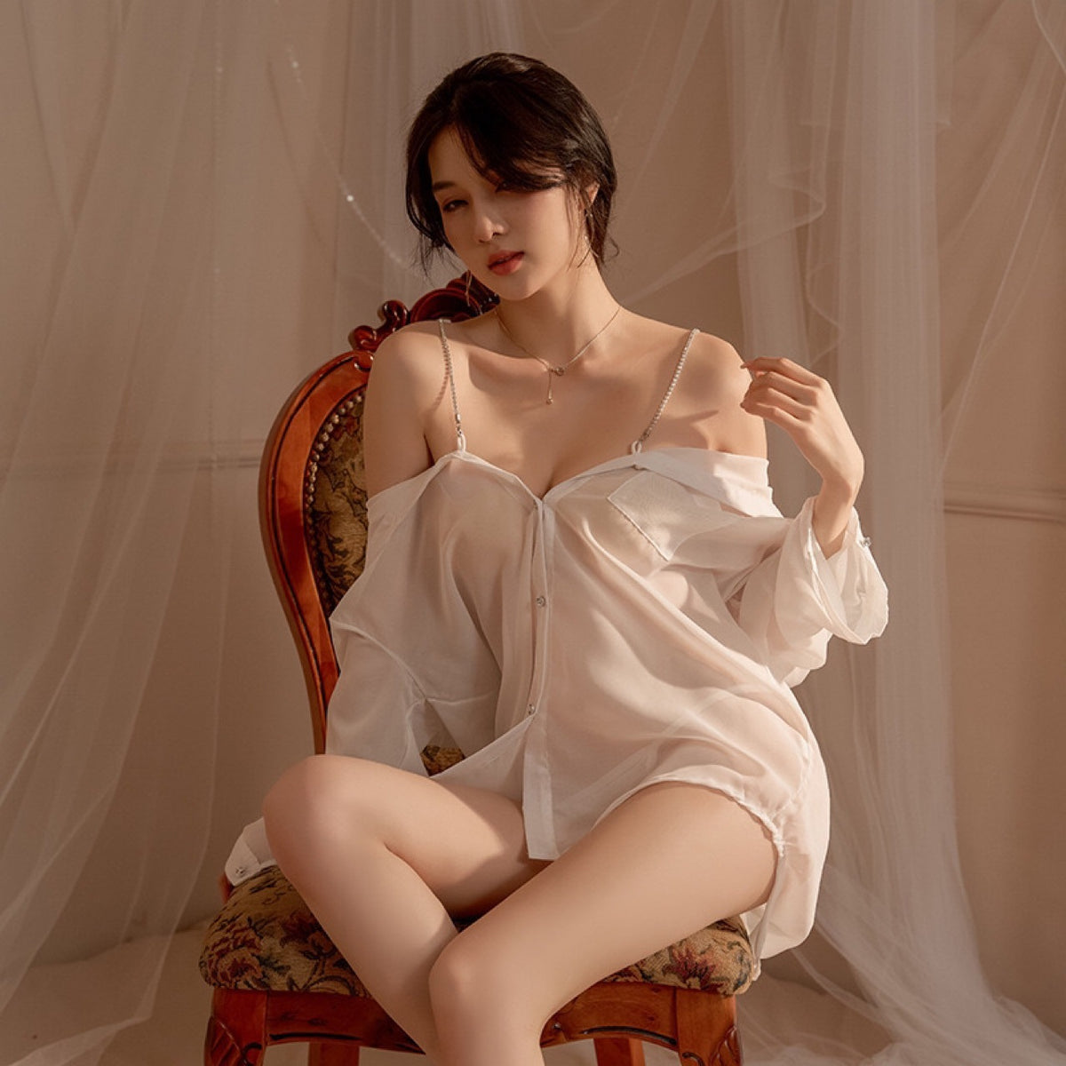 Women's See-Through Shirt Style Suspender Lingerie Dress with T Pants