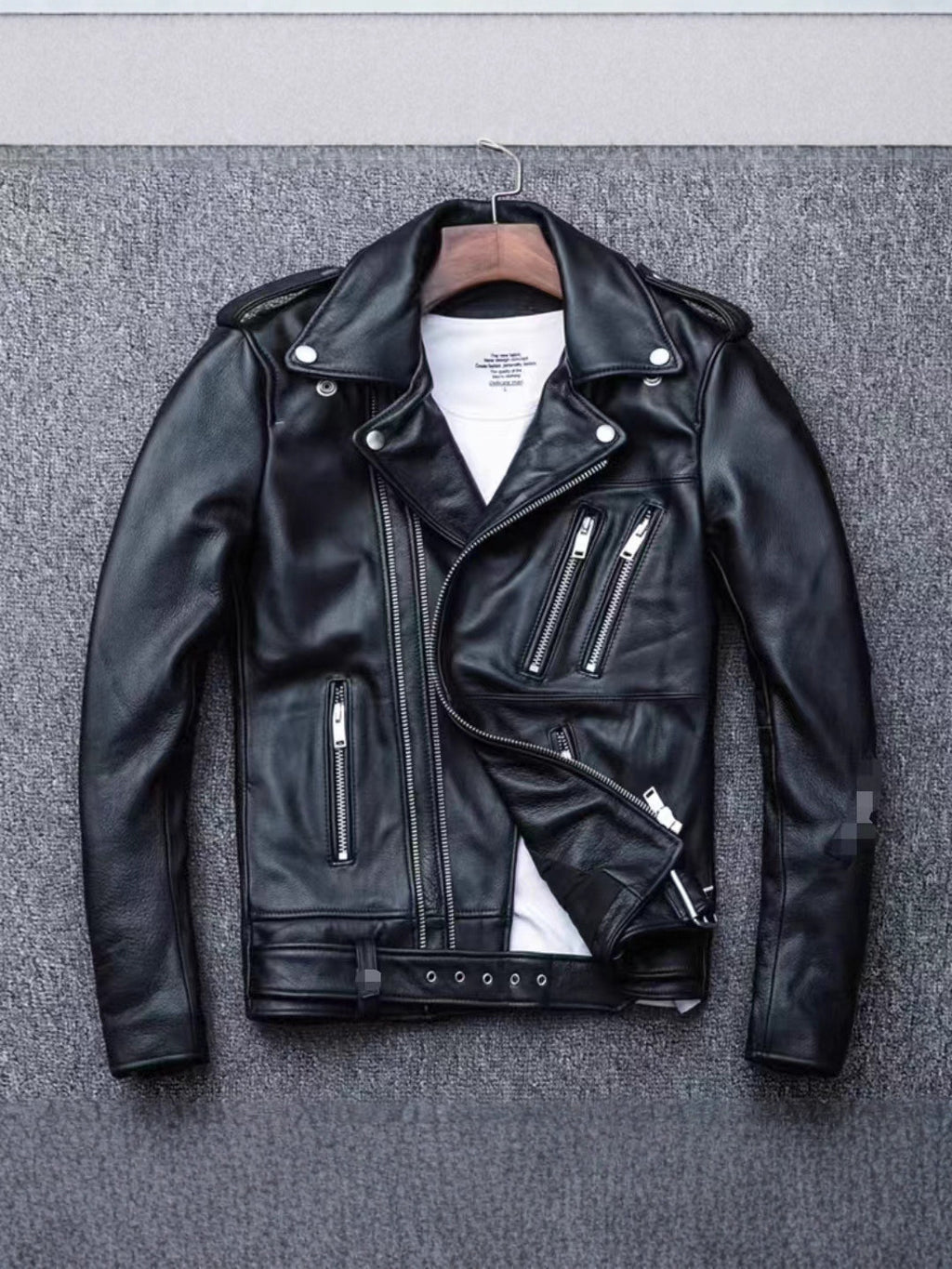 Men's leather jacket with water-washed finish, motorcycle-style men's leather jacket
