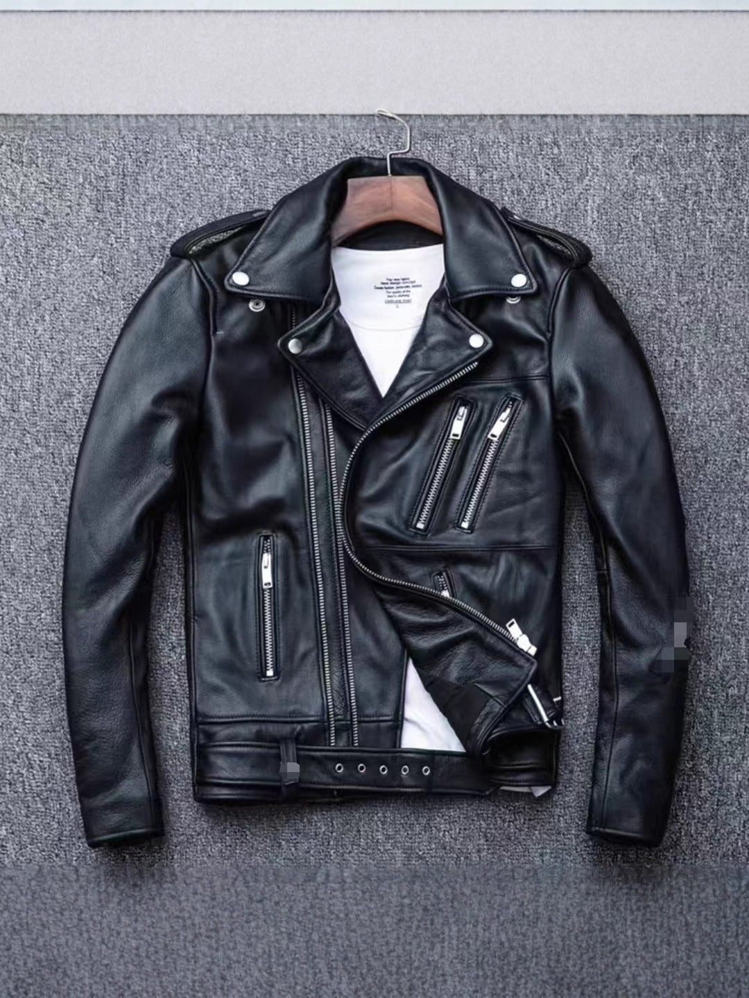 Men's leather jacket with water-washed finish, motorcycle-style men's leather jacket