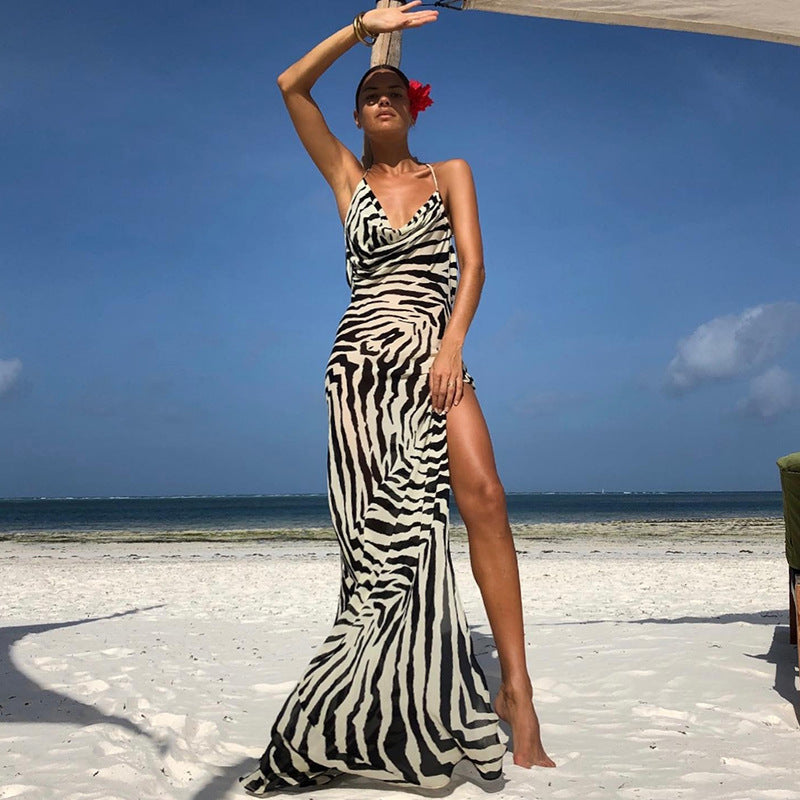 Womens Zebra Print Halter Dress