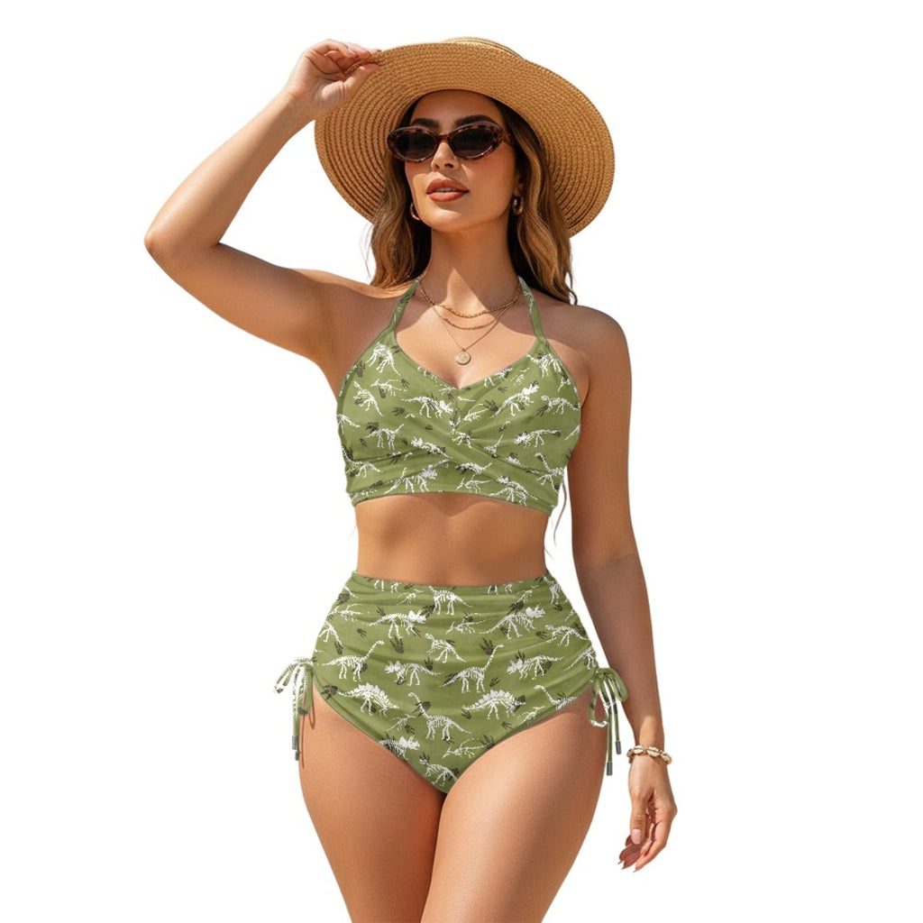 Women Sexy Animal Print High-Waist Drawstring Two-Piece Bikini Swimsuit