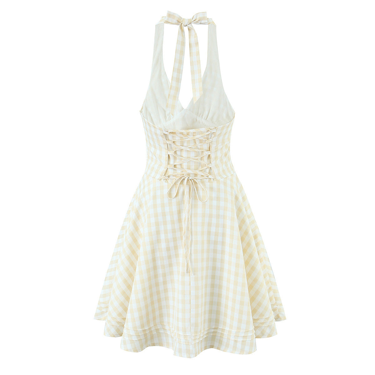 French Retro Plaid Halterneck Backless Dress