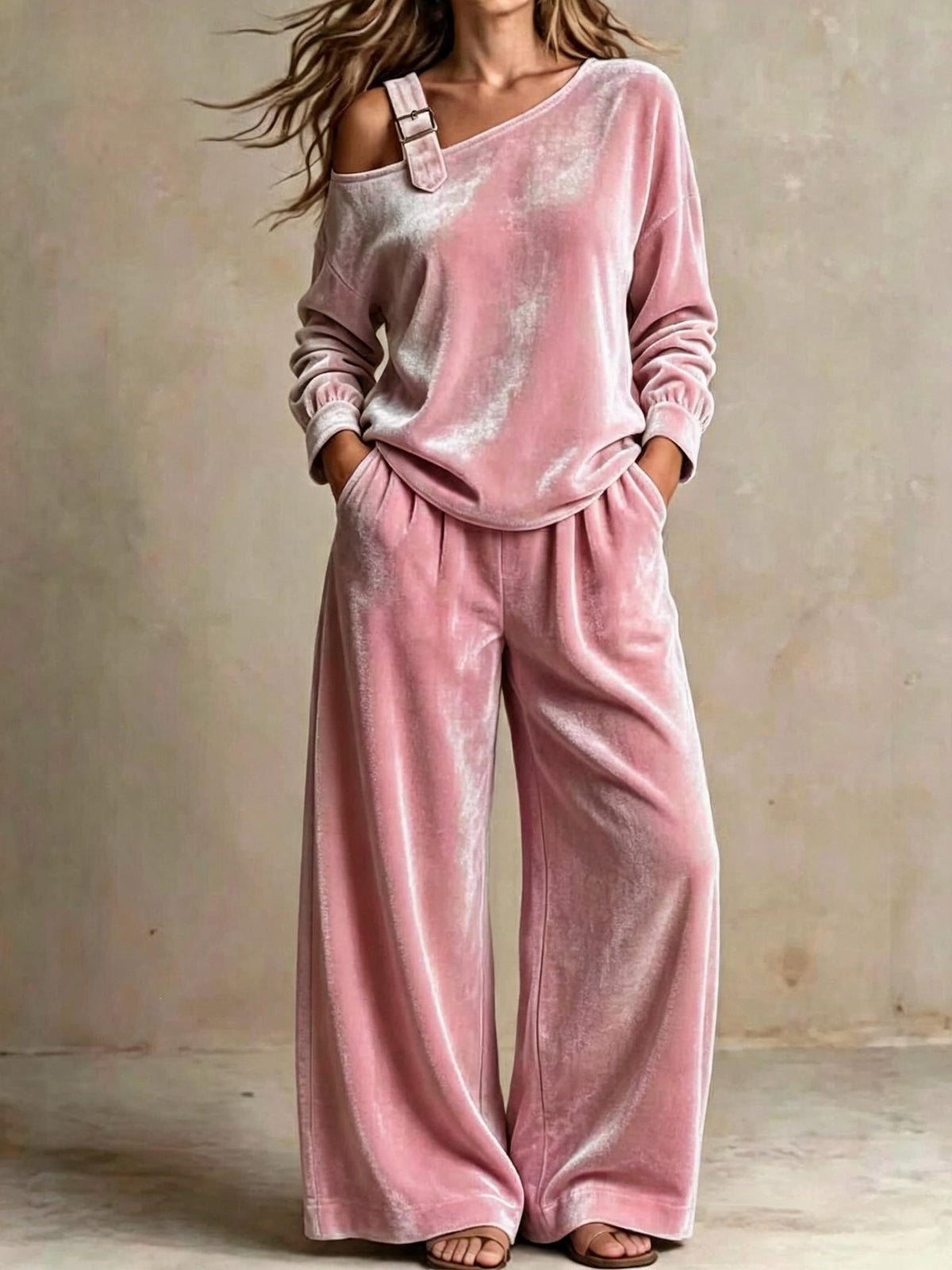 Women's Velvet One-Shoulder Long Sleeve Two-Piece Casual Pantsuit Set