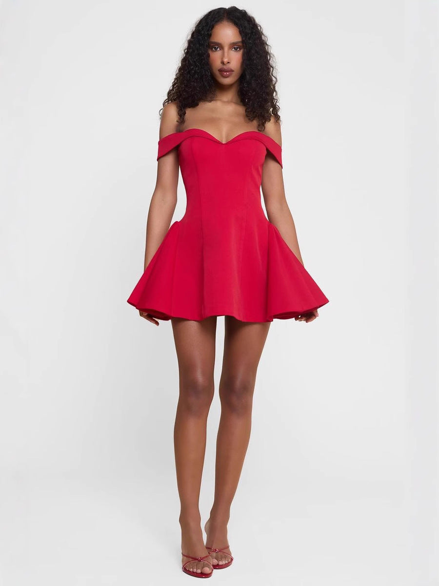 Womens Solid Color Off-Shoulder Slim Dress
