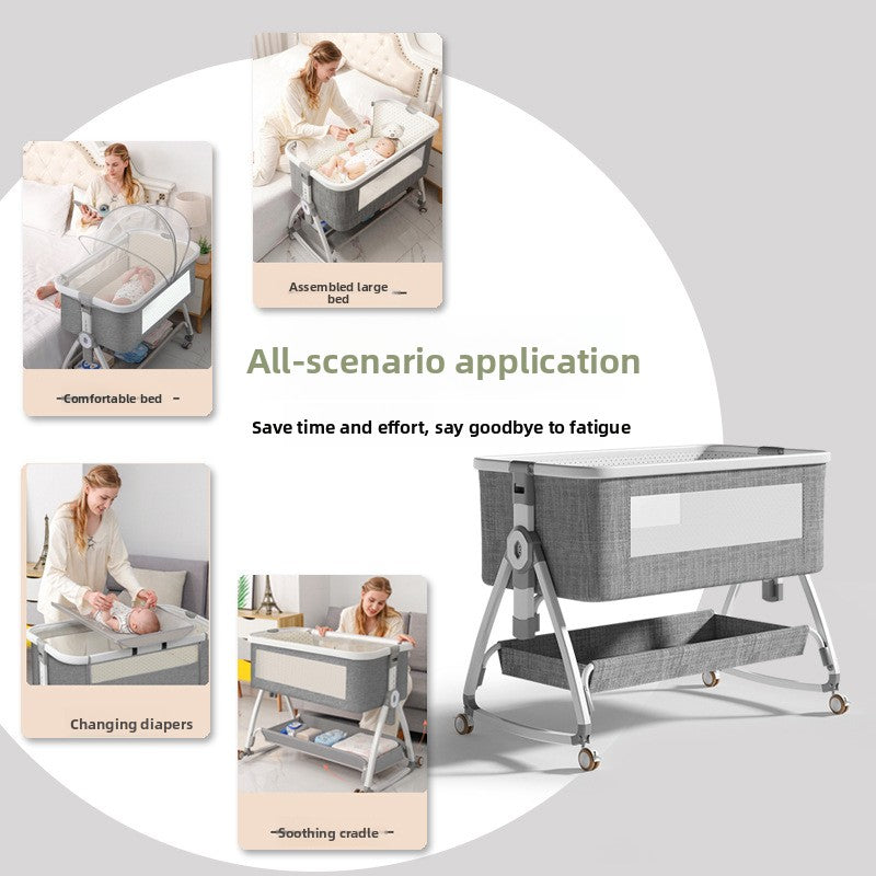 Baby Crib Multifunctional Mobile Foldable Changing Table Splicing Large Bed