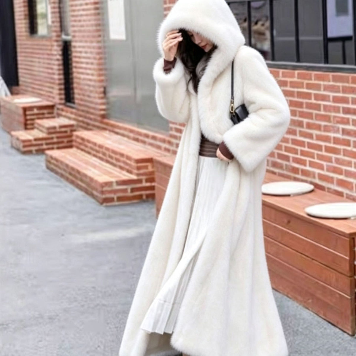 Extra-Long Faux Fur Hooded Coat with Belt for Women