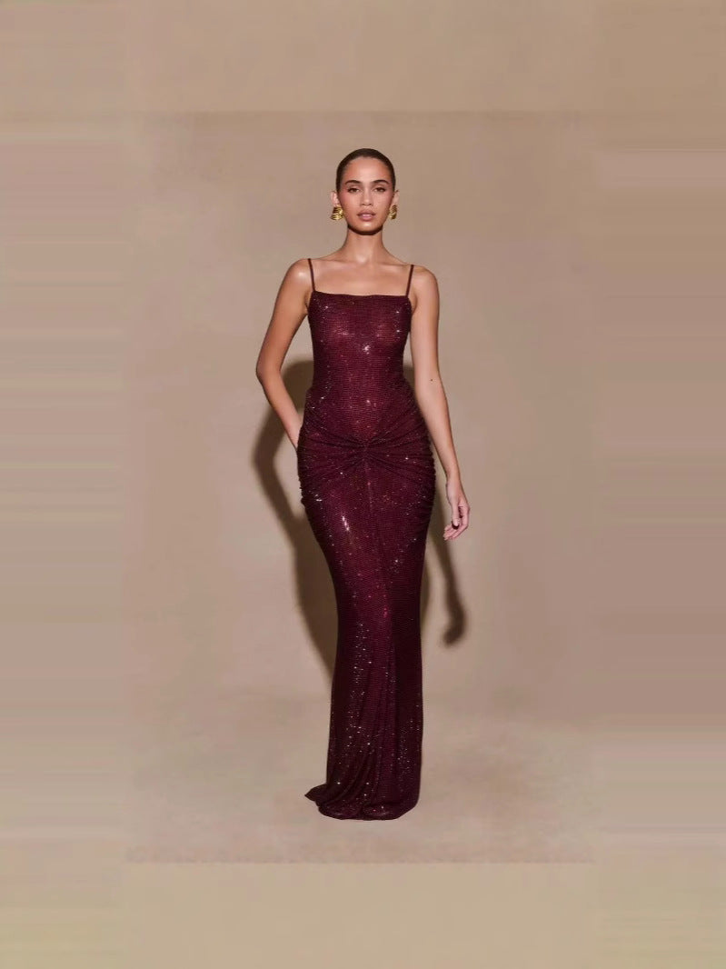 French Sling Backless Gathered Dress