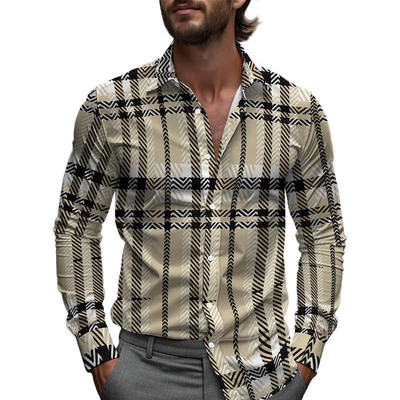 Men Printed Long Sleeve Casual Shirt Lapel Collar