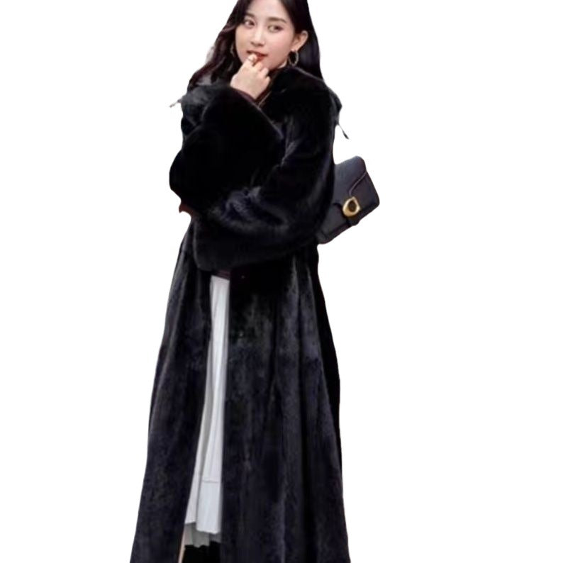 Extra-Long Faux Fur Hooded Coat with Belt for Women