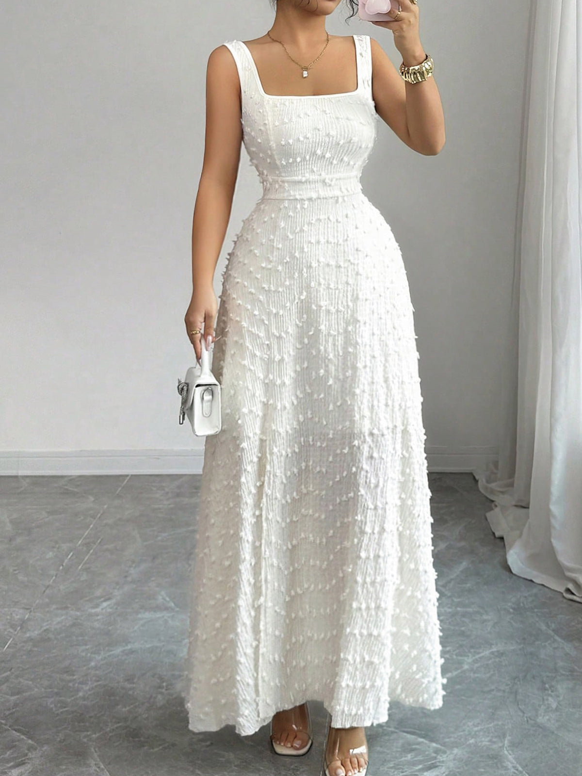Square-Neck Jacquard Long Dress