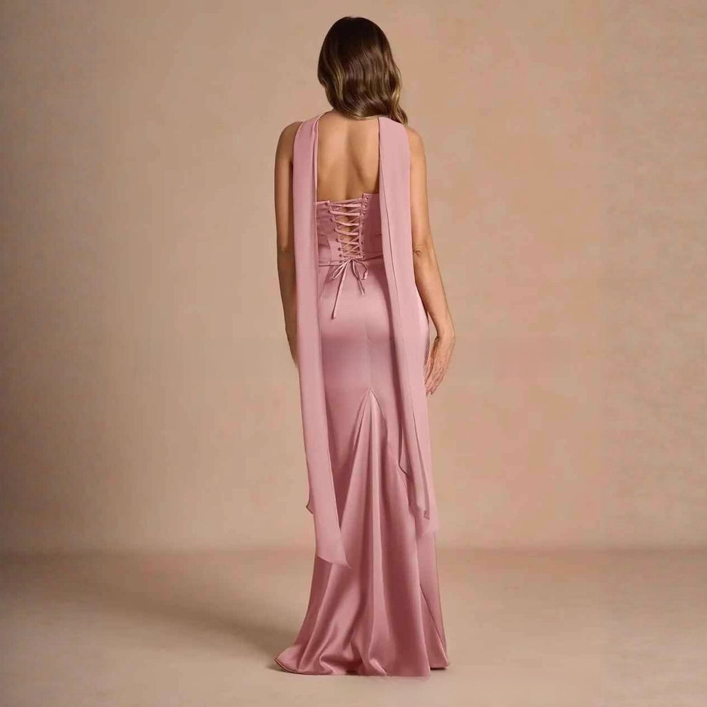Women's Halter Neck Satin Fishtail Long Evening Dress