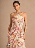 Women's Pleated Chiffon Midi Dress Floral Print Evening Gown