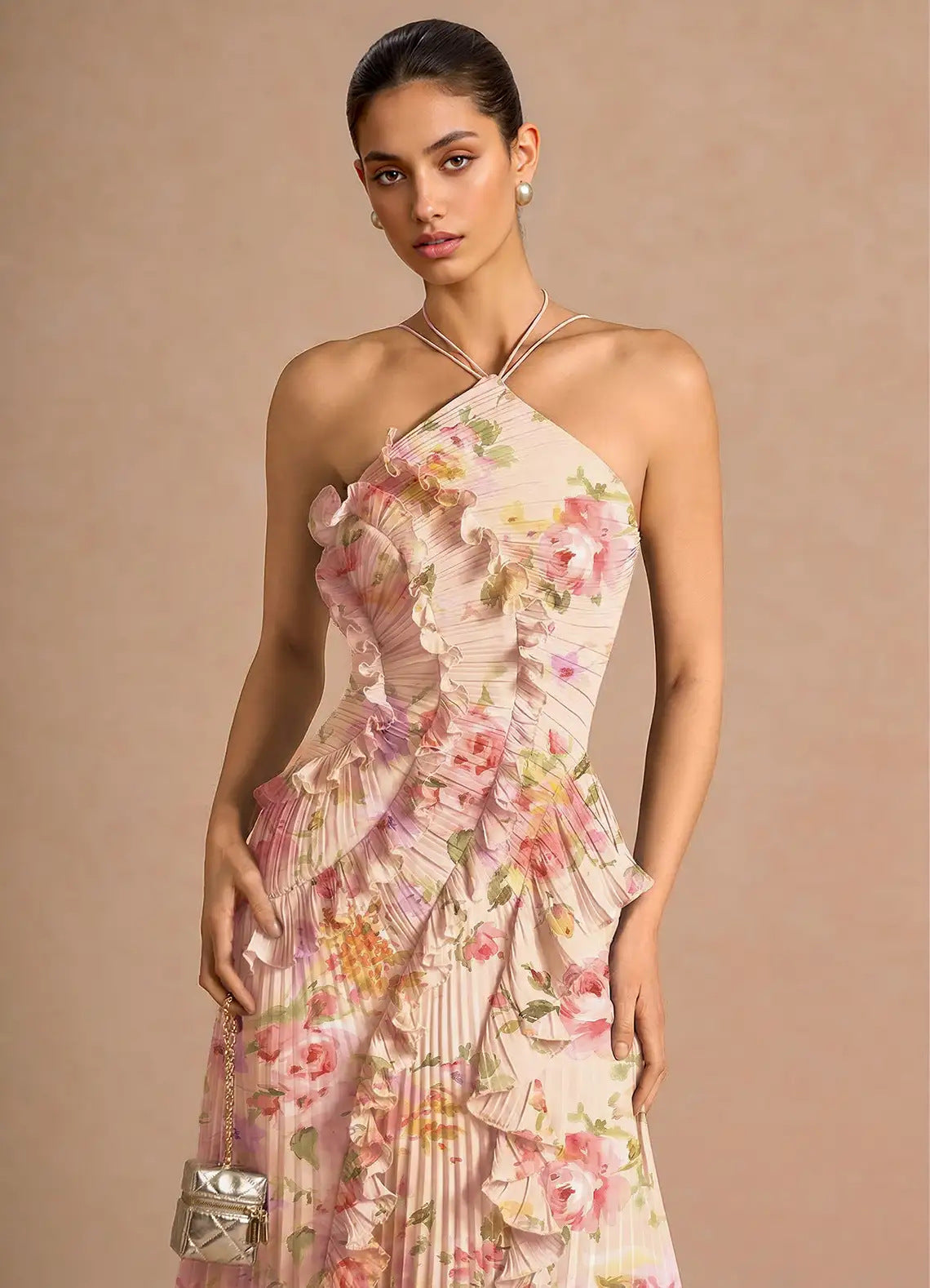 Women's Pleated Chiffon Midi Dress Floral Print Evening Gown