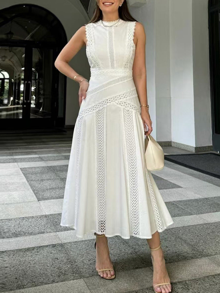 French Retro Sleeveless Lace Trim Dress
