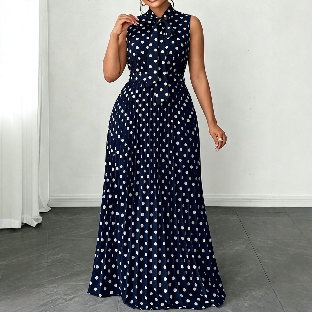 Polka Dot Sleeveless Tie-Up Mid-Length Dress